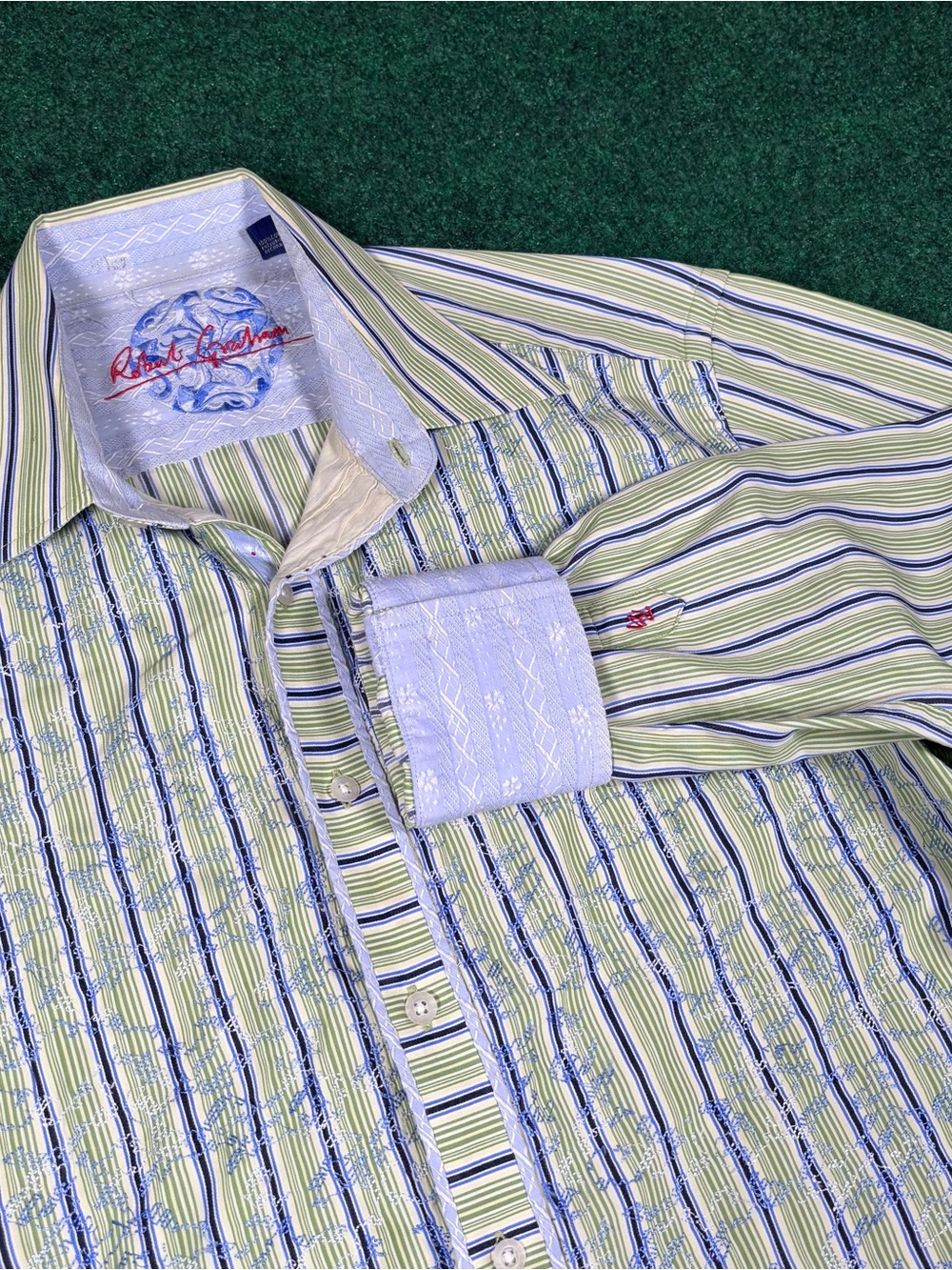 Robert Graham Mens Large Green Blue  Vertical Striped Embroidered Button Down